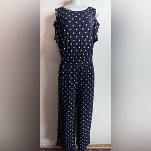 (H1)The Limited Navy Blue Polka Dot Zip Up Off Shoulder Wide Leg Jumpsuit,Size S